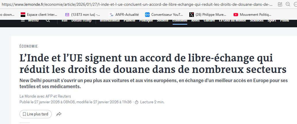 PhilippeMurer's tweet image. Après le Mercosur, l'UE a signé un accord de libre-échange avec l'Inde, pays de 1,5 mds d'habitants
Les salariés Français vont être en concurrence avec des salariés dont le salaire minimum est de 60 euros par mois.
✅Hier, Arcelor dit délocaliser 1600 emplois de service en Inde !…