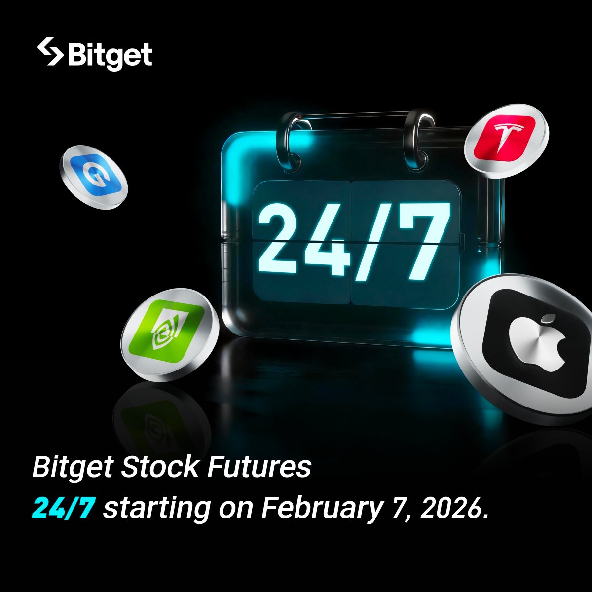 bitget's tweet image. Trading US stock futures 𝟐𝟒/𝟕 on Bitget, will be live on Feb 7.

No more weekend gap, no waitings on the bell.

Trade the moment news hits!