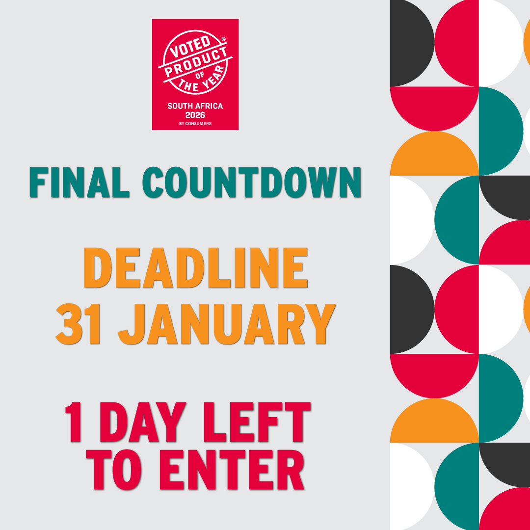 PoYAwards's tweet image. Entries close tomorrow! ⏰

Last chance to enter the 2025 #ProductoftheYear Awards 🏆

Be part of SA’s leading consumer-voted programme celebrating real innovation.

Enter now 👉 productoftheyear.co.za/enter/ 🚀
#innovation #consumervoted