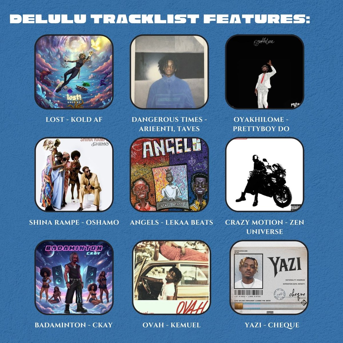 elifestyle_'s tweet image. DELULU MUSIC FRIDAY w/ @ItzKordz 💙

° THIS YEAR - KORDZ
° SUPER - CUPIDSZN
° WHAT YOU NEED - TEMS
° JAY JAY - R33NZO
° OLOUNSE$KI - FLAIRR AMALII
° CRAZY MOTION - ZEN UNIVERSE
° BADAMINTON - CKAY
° YAZI - CHEQUE
° SHINA RAMPE - OSHAMO
° BAD BITCH ALLERGY - MJ3Y

And More🔗⬇️