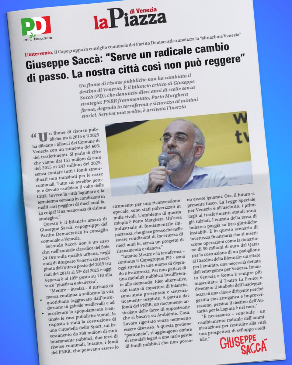 VENEZIA: IL CONTO DI 10 ANNI

2015-2025: trasferimenti al Comune +60%. Un fiume di soldi pubblici. Risultato? Qualità urbana crollata: dall'8° al 53° posto. Sicurezza: 105esimi su 110. Progetti alternativi respinti a priori.