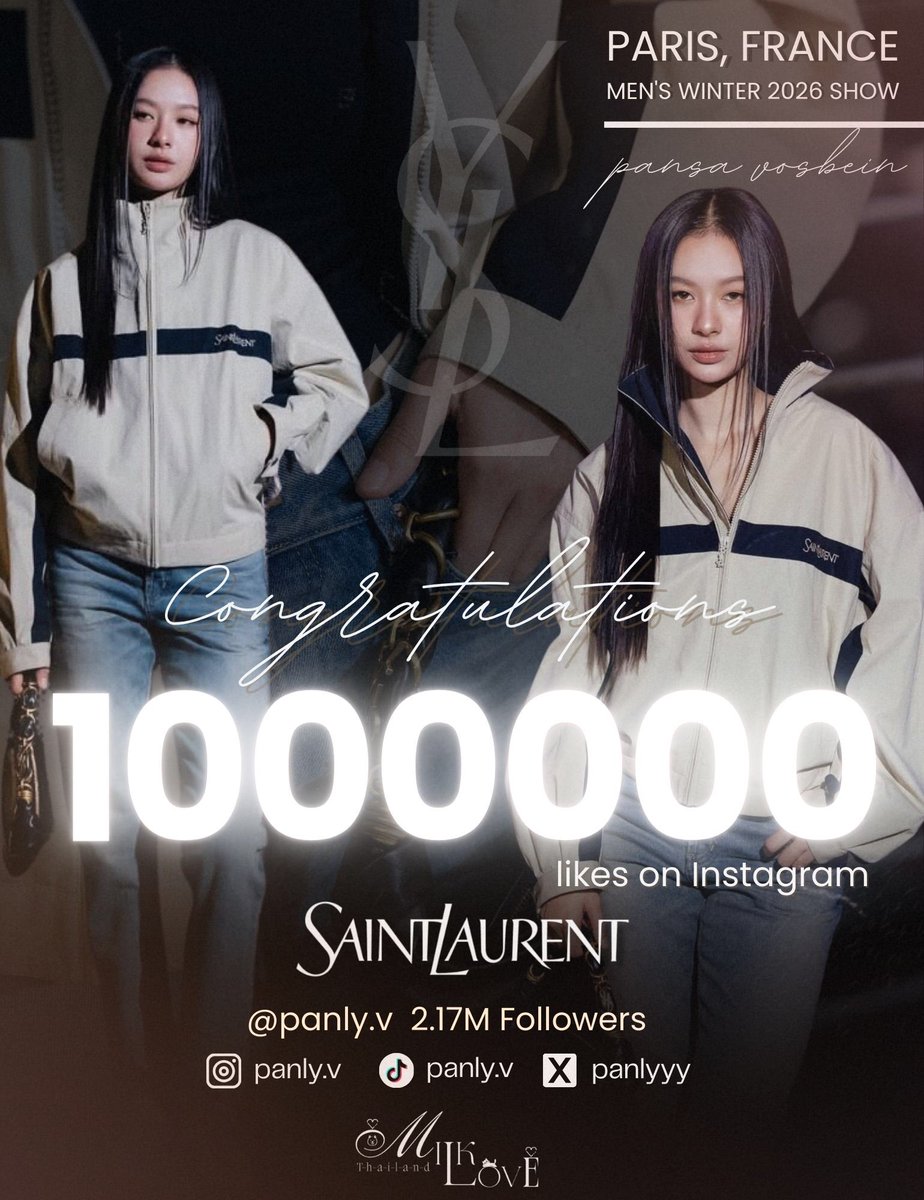 MilkLoveTH's tweet photo. 🎉 Congrats Milk Pansa for 1,000,000 LIKES for Saint Laurent 🌟

MILK YSL MEN WINTER 26 
#YSLxMilkPansa 
#SaintLaurent #MilkPansa

✨️🖤 หนึ่งล้านไลก์แบบจึ้งกับ Airport Fashion ของพี่มิ้ลค์ พรรษา ที่สวยสะกดทุกสายตา สมตำแหน่ง Brand Ambassador ของ Saint Laurent คนล่าสุดแบบไม่ค้านสายตาเลยจริง ๆ

โพสต์ไปเพียงไม่กี่วันแต่พลังถล่มทลายสุด ๆ เก่งมาก ภูมิใจมาก 💚🙌