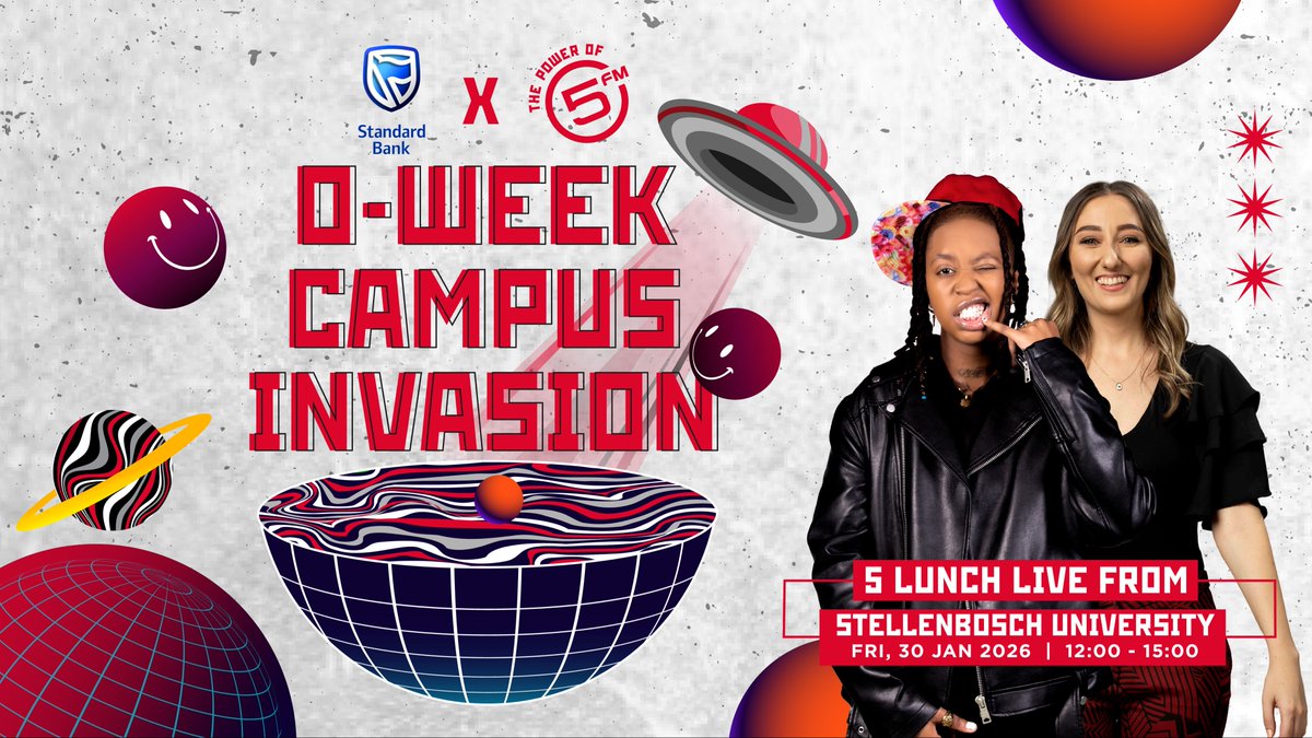 5FM's tweet image. Catch #5Lunch  as they broadcasting LIVE from @StellenboschUni with the theme “Student Hacks” 📚🔥
Come say hi, celebrate #OWeek, and make it unforgettable.
Pull up to the @StandardBankZA activation for cool activities, epic giveaways, and all. the. vibes.

Tune in 12-3pm!