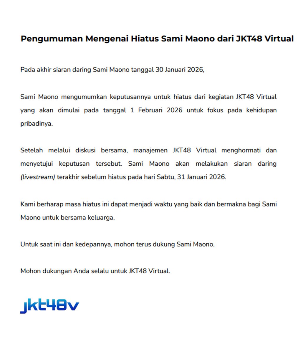 jkt48v_official's tweet image. [NEWS] Pengumuman Mengenai Hiatus Sami Maono dari JKT48 Virtual