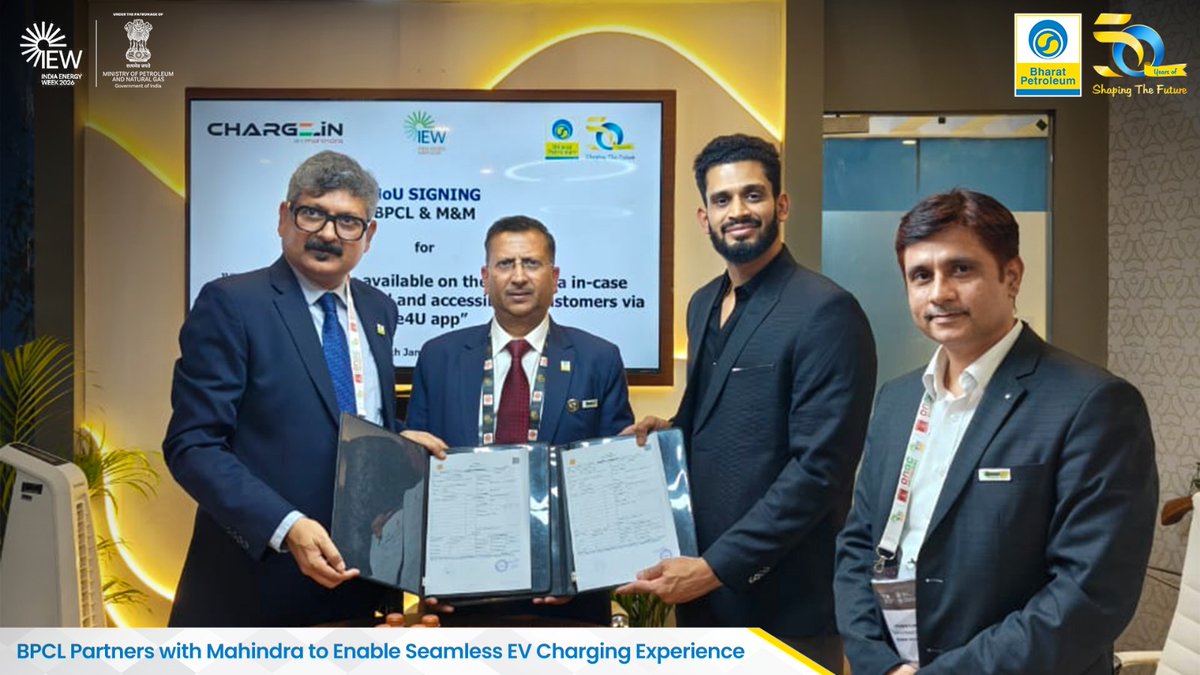 BPCLimited's tweet photo. To make EV charging more intuitive, accessible, and customer-centric, BPCL entered into an MoU with Mahindra to integrate BPCL EV chargers into the Me4U app and Mahindra’s in-car infotainment systems. The MoU was signed by Shri Gorav Tomar, CGM (Marketing), Retail HQ, BPCL, and Shri Kedar Apte, Senior Vice President and Head – Charging, Mahindra, in the presence of Shri Pardeep Goyal, Business Head (Retail), BPCL.

The collaboration will facilitate seamless discovery, navigation, charging, and payment for customers through the Me4U app, while also displaying BPCL charger locations directly on the dashboards of Mahindra vehicles, enhancing convenience and confidence for EV users.
@HardeepSPuri @PetroleumMin @Secretary_MoPNG @IndiaEnergyWeek 
#IndiaEnergyWeek #IndiaEnergyWeek2026 #BPCL #EVCharging #ElectricMobility #IndiaEV