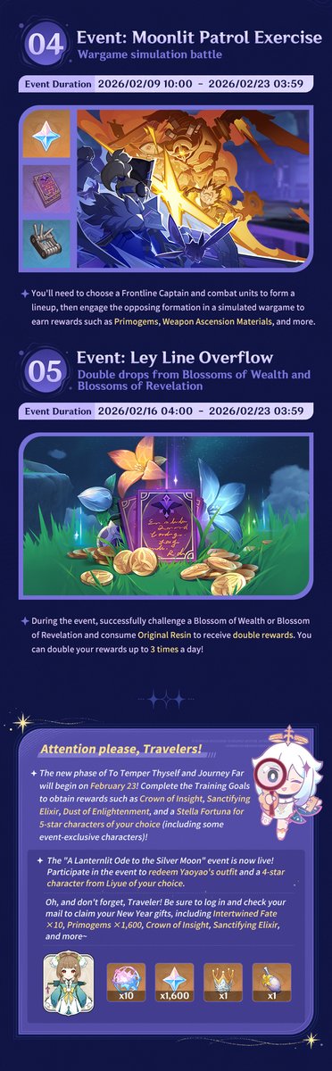 GenshinImpact's tweet image. "A Traveler on a Winter's Night": Version "Luna IV" Events Preview - Phase II
#GenshinLunaIV #GenshinImpact 

Hello Traveler! Let's take a look at the upcoming events! 
*Please refer to Version Luna IV notices for further details.

See more details here: hoyo.link/fHv3VvAsH