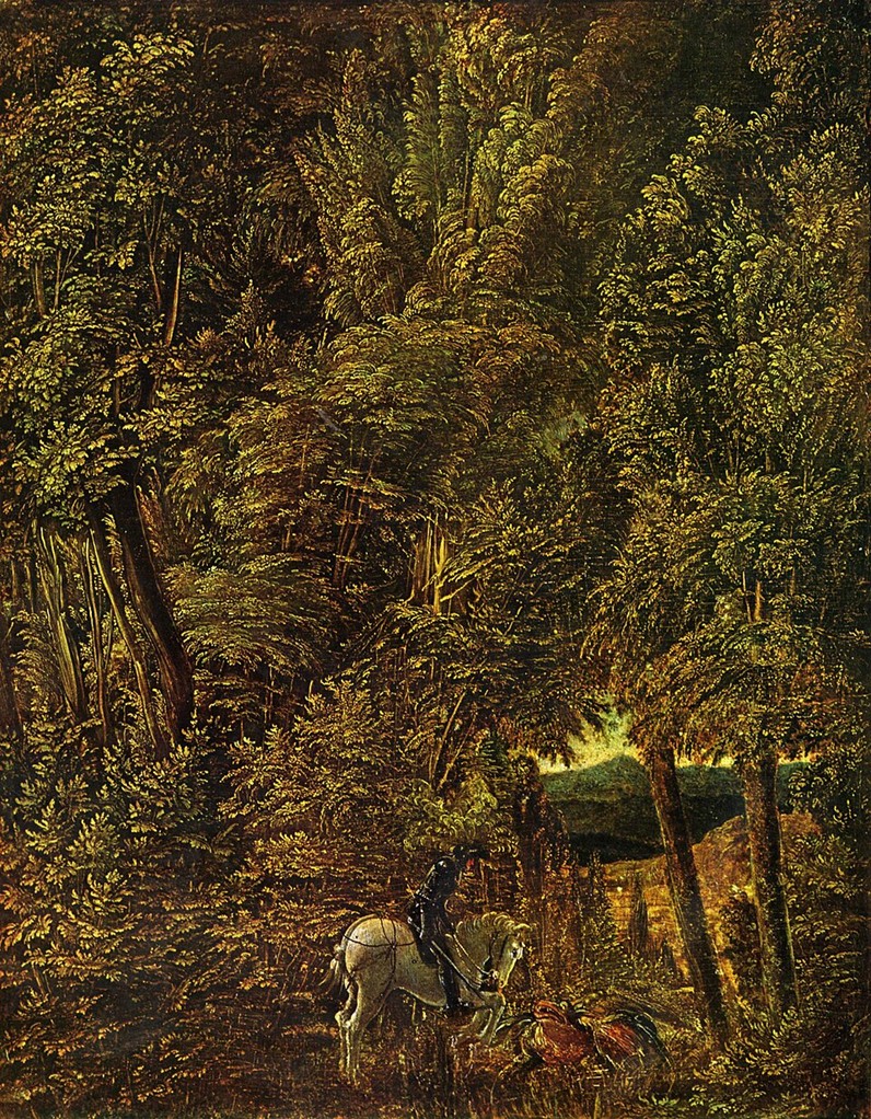 artinsociety's tweet image. The nominal subject of this painting by Albrecht Altdorfer is the tiny St George and the Dragon in the foreground, but the real hero is the dense, restless forest where every leaf seems charged with energy (1510, Pinakothek, Munich)