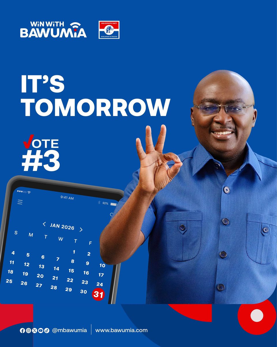 charllycolegh's tweet image. IT IS TOMORROW. Make no mistakes, vote number 3, vote Dr. Bawumia #WinWithBawumia  👌🏼❤️🤍💙🐘