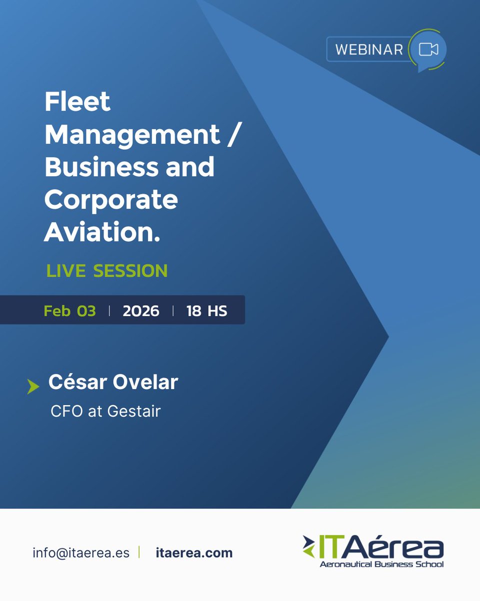 New Webinar 👉 Fleet Management / Business and Corporate Aviation.

📅 03/02/2026
🕧 18.00 CET
🎓 César Ovelar, CFO at Gestair.
📥 Invitation in your inbox.

If you want more information about our programmes, please write to 📨 info@itaerea.com