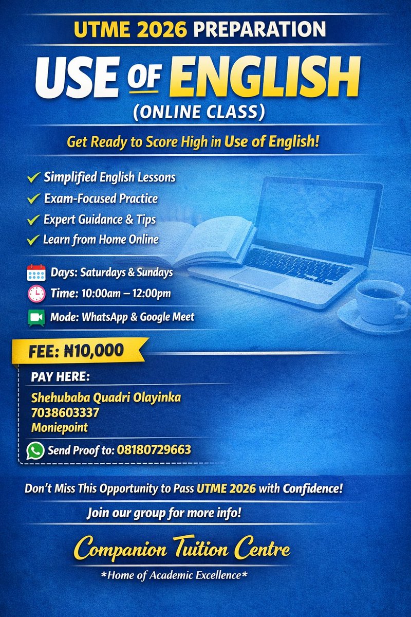 AbdqadirO's tweet image. HurryNOW 

Two days more to register!

Class starts 0n the 1st of February, 2026

Fee : 10,000 only

Pass it  with High Score!

#CompanionTuitionCentre 
#GetQualityGetAssured 
#Since2017