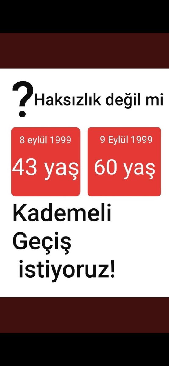 1 güne 17 /20 yıl fark kabul edilemez.‼️

Kademeli emeklilik acil yasalaşmalıdır.‼️

<a href="/EmadDernegi/">EMEKLİLİKTE ADALET DERNEĞİ ⚖️</a>
#EmadderKademeİstiyor