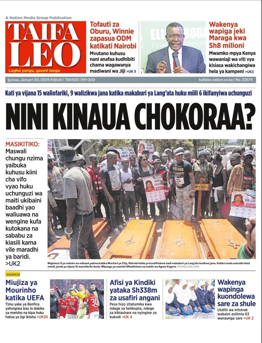 Telencegichaba's tweet photo. Taifa Leo: 30-01-2026

NHIF | Ugali | Range Rover https://t.co/pOZAGDMQh4