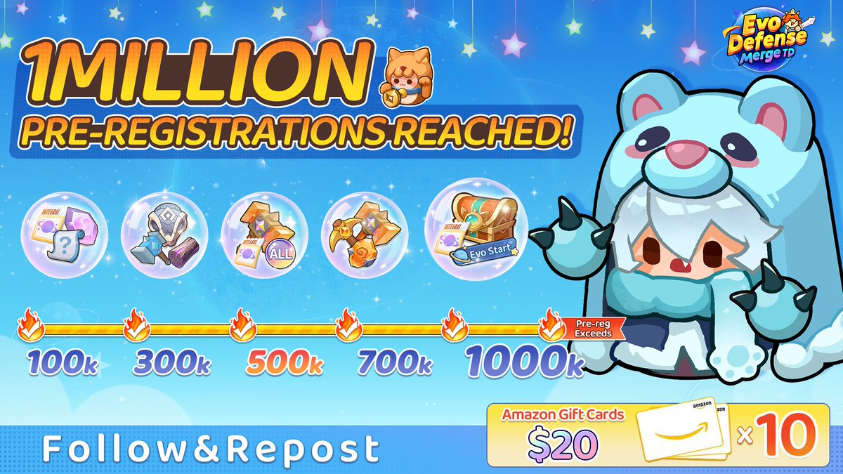 EvoDefenseM_TD's tweet image. 🏆 1 MILLION PRE-REGISTRATIONS REACHED! 🏆

To celebrate this massive milestone for Evo Defense: Merge TD, we're giving away $20 Amazon Gift Cards to 10 lucky winners! 🎁✨

▼ How to Enter: 
1️⃣ Follow @EvoDefenseM_TD 2️⃣ Repost this post

🔥 WANT A HIGHER CHANCE? Reply with a…
