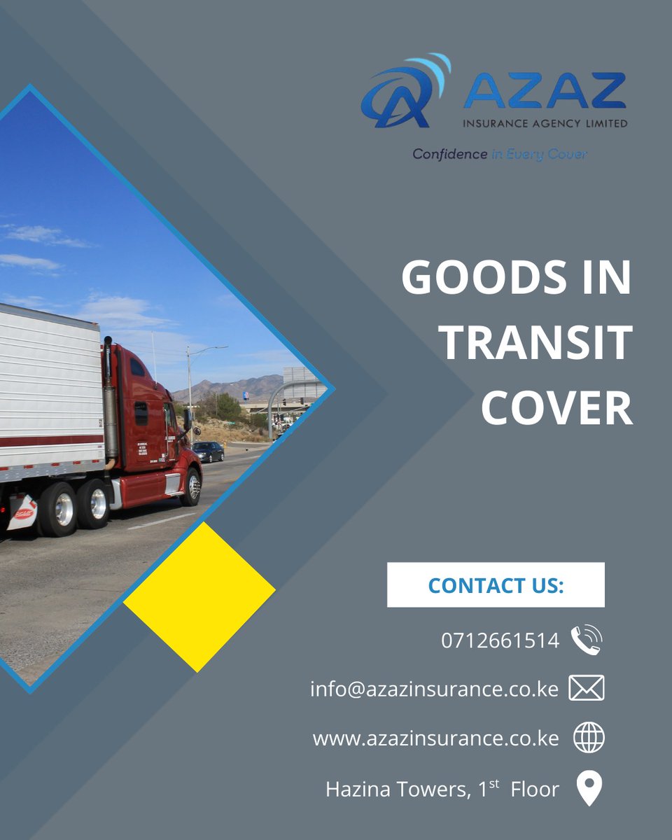 AzazInsurance's tweet image. Accidents, theft or damage can happen on the road. GOODS IN TRANSIT cover ensures your cargo is protected every step of the way. 
#goodsintransit
#InsuranceAgent