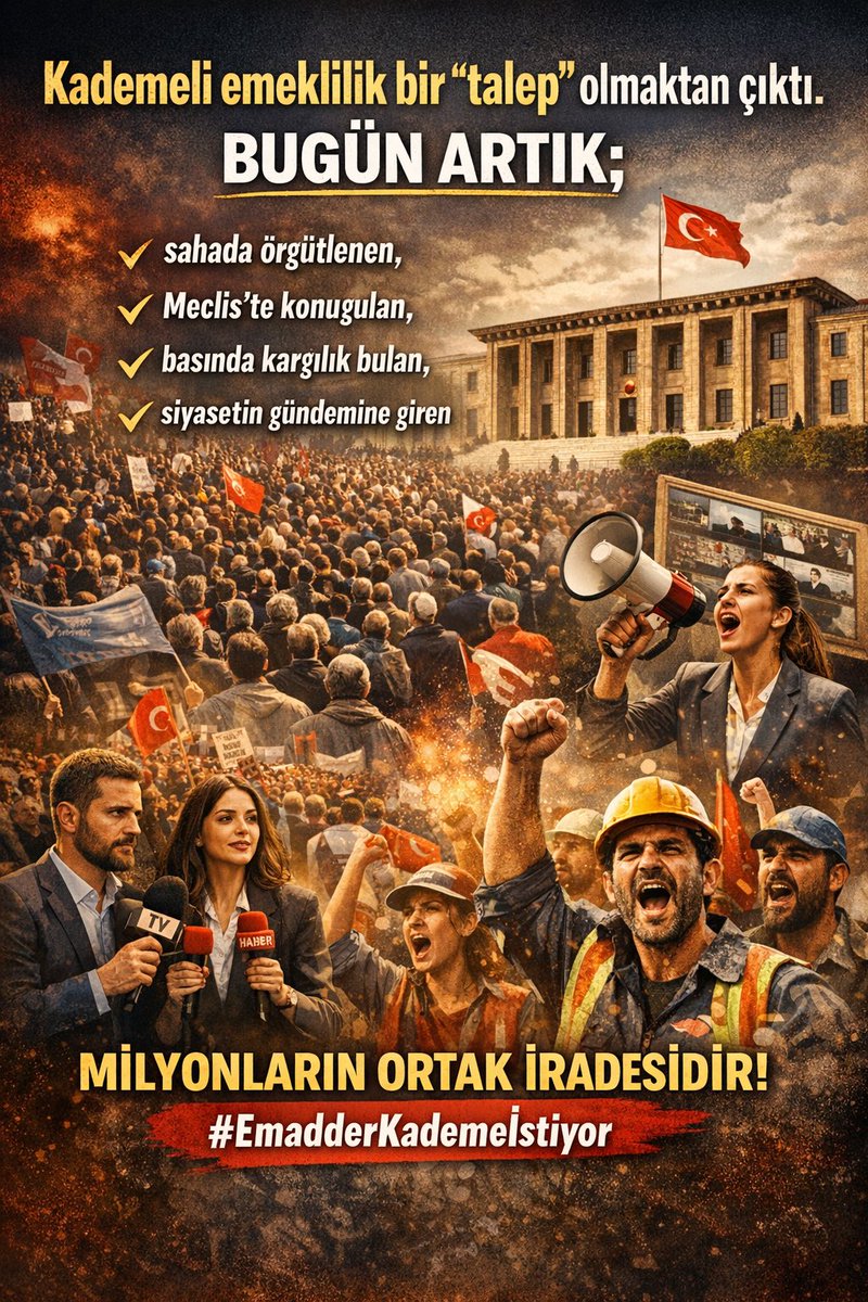 ErenVural1234's tweet image. Kademeli emeklilik bir “talep” olmaktan çıktı.

Bugün artık:

• sahada örgütlenen,
• Meclis’te konuşulan,
• basında karşılık bulan,
• siyasetin gündemine giren

milyonların ortak iradesidir.

Bu iradenin adı bellidir‼️

#EmadderKademeİstiyor 
@EmadDernegi