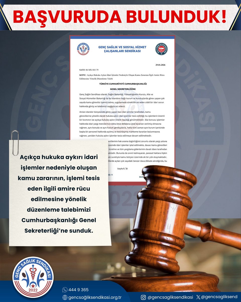 Hukuka  aykırı idari işlemler nedeniyle oluşan kamu zararının, işlemi tesis eden ilgili amire rücu edilmesine yönelik düzenleme talebimizi Cumhurbaşkanlığı Genel Sekreterliği’ne sunduk.