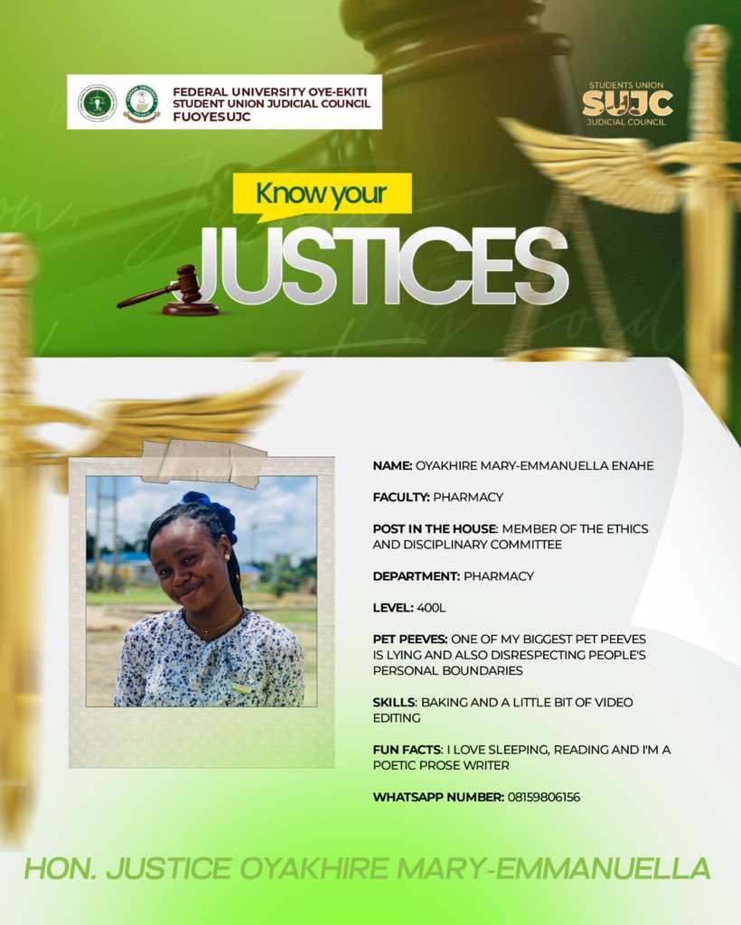 FUOYE_SUJC's tweet photo. Introducing to you Honorable Justice Oyakhire Mary. She is thoughtful, steady, and always bringing a calm sense of clarity to every discussion. Her gentle confidence and balanced judgment make her a truly valued member of the Judiciary Council. https://t.co/f0rDz6Xaax