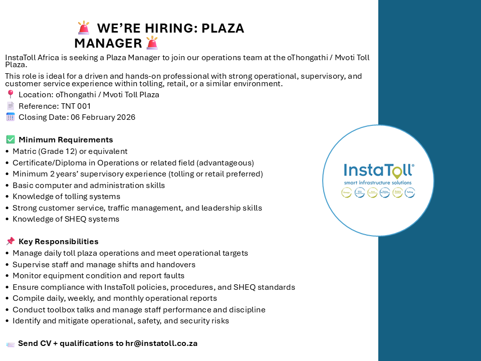 InstaTollSA's tweet photo. 🚨 WE’RE HIRING: PLAZA MANAGER 🚨

InstaToll Africa is seeking a Plaza Manager for the oThongathi / Mvoti Toll Plaza. https://t.co/3XmM8oBv2y