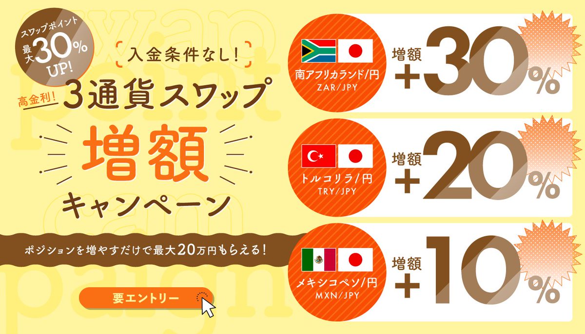 SBI FXトレード スワップポイントが最大30%UP⏫ ✓トルコリラ・メキシコペソ・南アランド ✓新規建てしたポジションが上乗せ対象 ✓2/2(月)  7:00 〜 4/1(水) 5:30まで いつもの如く2カ月の増額キャンペーン！ 算定するけどまたスルーしそう💦 🔗 詳細・エントリーはこちら⤵️