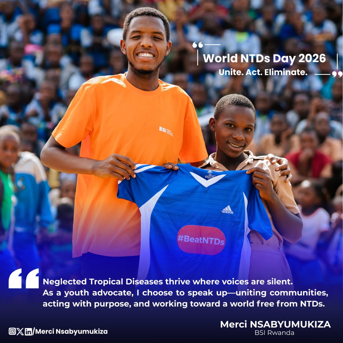 World NTDs Day 2026 | Unite. Act. Eliminate.
NTDs thrive where voices are silent.
As a youth advocate, I use my voice to unite communities, act with purpose, and eliminate NTDs.

#WorldNTDsDay #YouthAgainstNTDs #EndNTDs #Tujyanemo