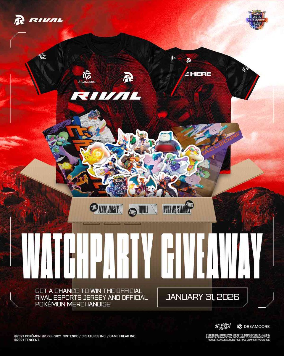 RivalEsportsHQ's tweet photo. Rival Esports #PUACL2026 GIVEAWAY! 🥳🔥

Watch with us at our official watchparty and stand a chance to win:
👕 1× Official Pro Jersey
🎁 6× Official Pokémon Merchandise (Towel & Acrylic Stand)

How to enter:
1️⃣ Like & RT this post
2️⃣ Follow @RivalEsportsHQ
3️⃣ Tune in to the stream on 31st!

📺 https://t.co/GbESqy7EZx

#RivalReign