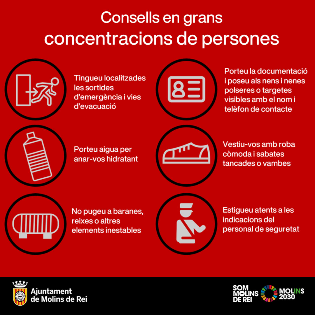 AjMolinsdeRei's tweet photo. 🟠 La celebració de la Fira de la Candelera suposa, entre moltes altres qüestions, una important presència de persones als espais públics.

Siguem conscients per evitar els riscos associats a aquestes concentracions.

Consulteu i seguiu els consells que ofereix Protecció Civil. https://t.co/BhZyMybdK1