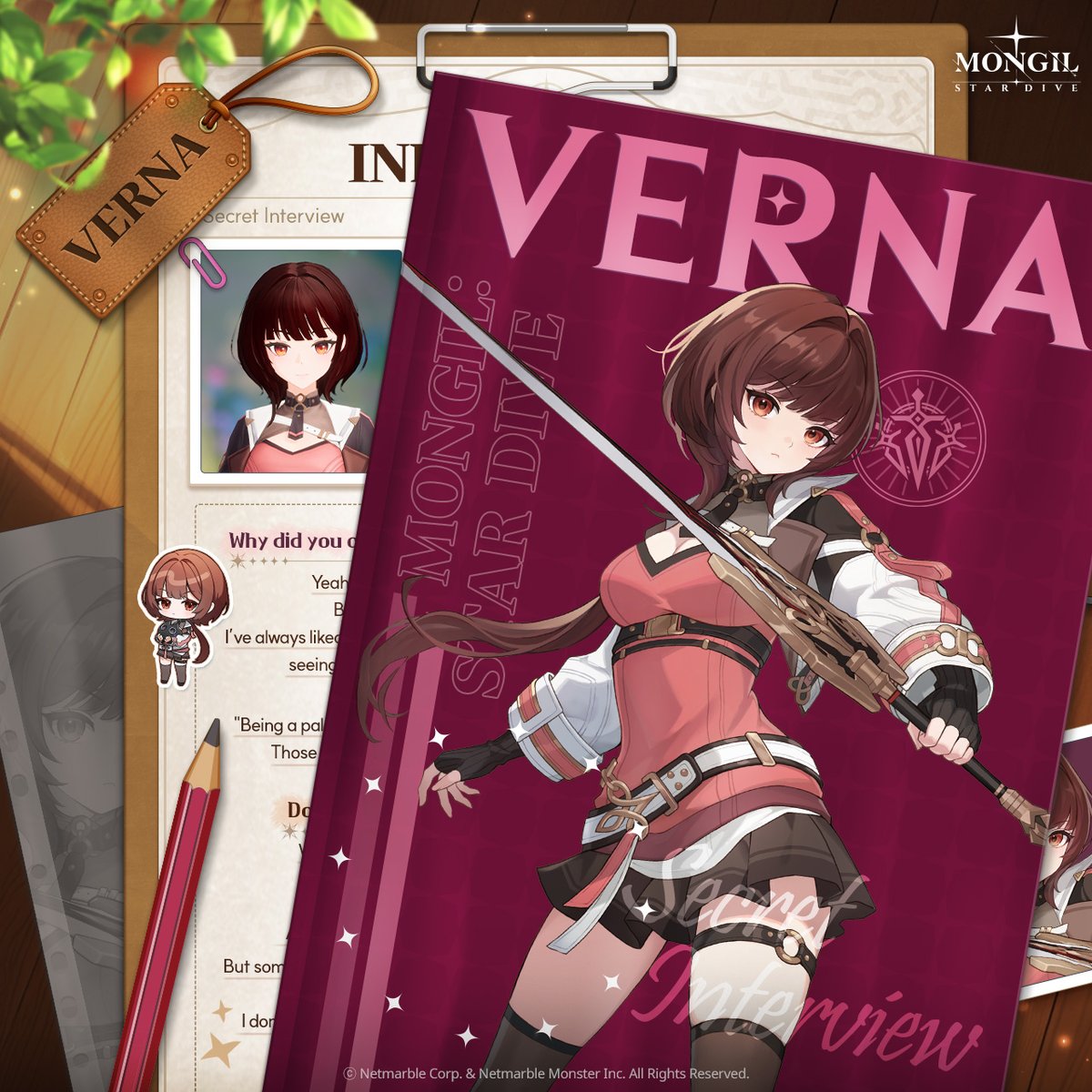 Stardive_EN's tweet photo. #Lenna’s Interview File📝 – Verna

Lenna from the Gathering Hub「Python」digs deep into the character profiles! ✍️
From distinct traits to hidden stories not revealed in the main plot!
All the things you were curious about, unveiled in full! 🔓

#CharacterIntroduction #Profile #Interview #MONGILSTARDIVE #STARDIVE #Netmarble #RPG #Game