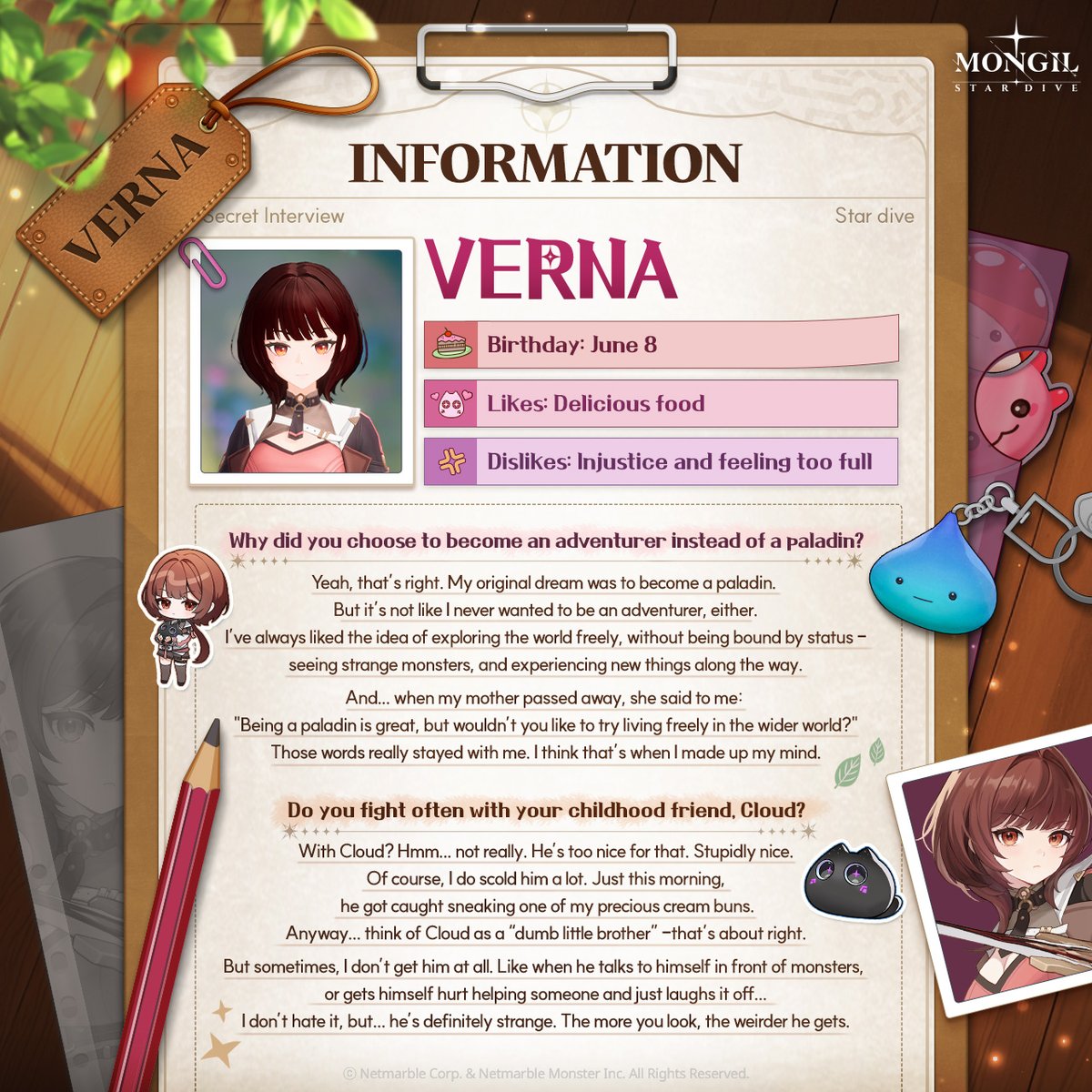 Stardive_EN's tweet photo. #Lenna’s Interview File📝 – Verna

Lenna from the Gathering Hub「Python」digs deep into the character profiles! ✍️
From distinct traits to hidden stories not revealed in the main plot!
All the things you were curious about, unveiled in full! 🔓

#CharacterIntroduction #Profile #Interview #MONGILSTARDIVE #STARDIVE #Netmarble #RPG #Game
