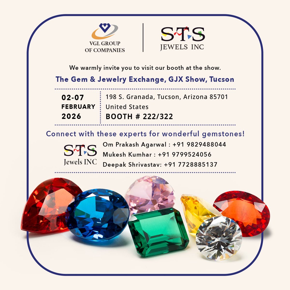 VglGroup's tweet image. @VglGroup  cordially invite you to visit us at the #tucsongemshow2026 , where an exclusive selection of ethically sourced gemstones and elegantly crafted jewellery awaits. Showcasing radiant colors, precision-cut stones, and ,timeless designs. Each creation embodies exceptional…