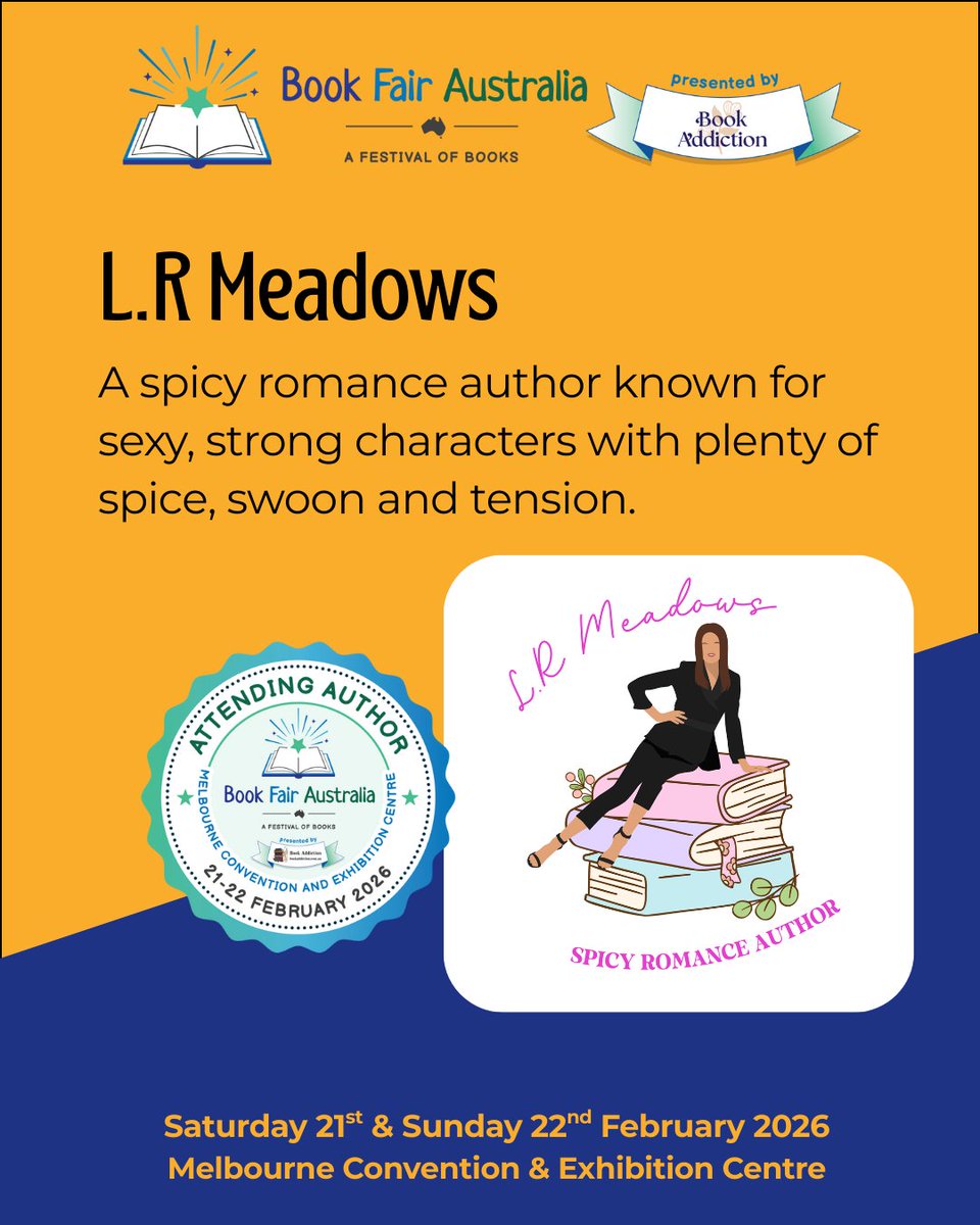 Please give a warm welcome to L.R Meadows to Book Fair Australia Melbourne 2026, presented by Book Addiction!

If you’re a fan of swoony, spicy romance, make sure to stop by her stall! 🌹