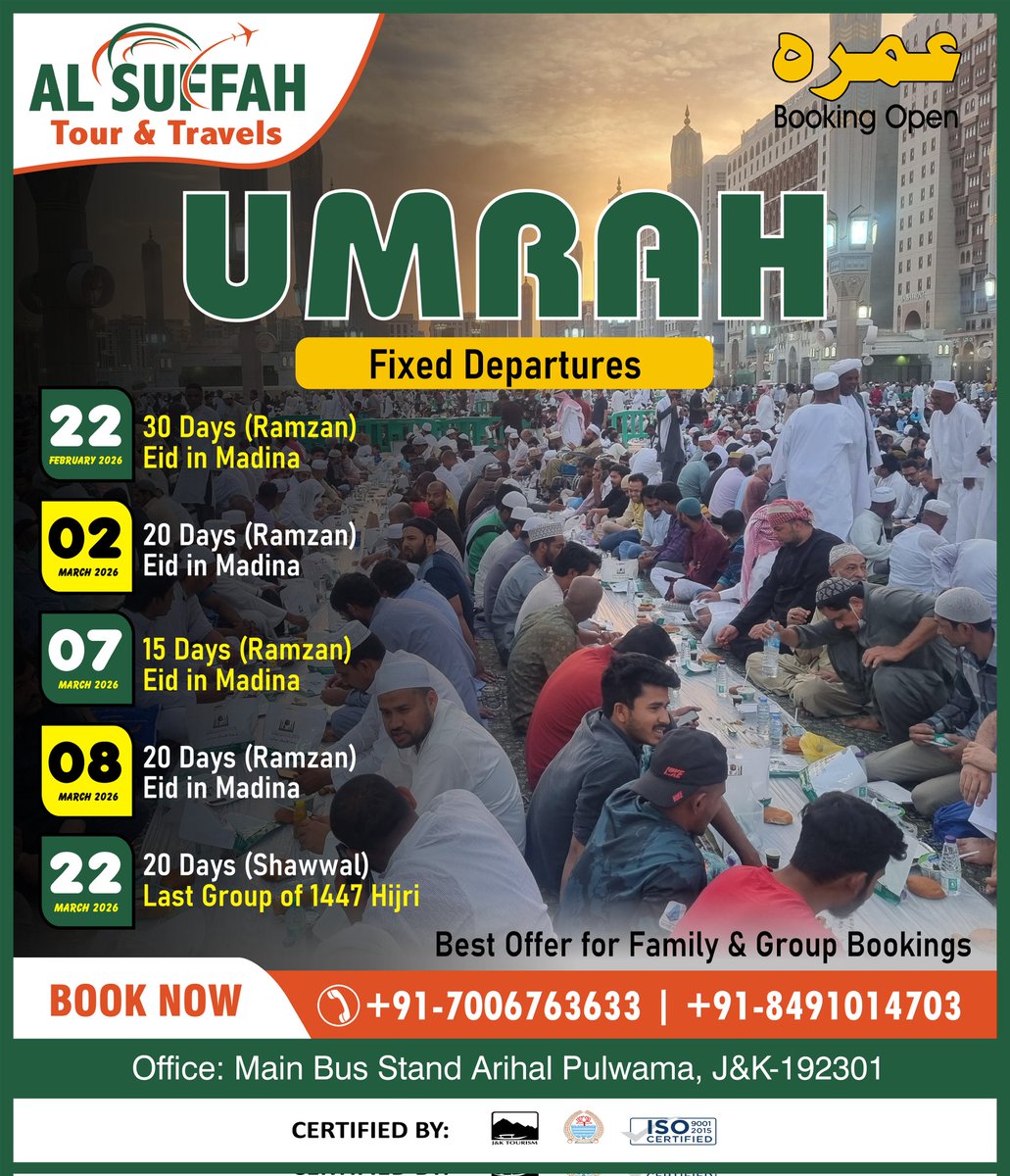 AlSuffahTravels's tweet photo. 🕋✨ UMRAH BOOKINGS OPEN! ✨🕋
With Al Suffah Tour &amp; Travels

📍 Main Bus Stand Arihal Pulwama, J&amp;K-192301
📞 7006763633 | 8491014703

Book your seat for a blessed journey! 🤲

#umrah2026 #umrahbooking #umrahpackage #hajj #makkah #madina #lifestyle https://t.co/LN7gPJKjr4