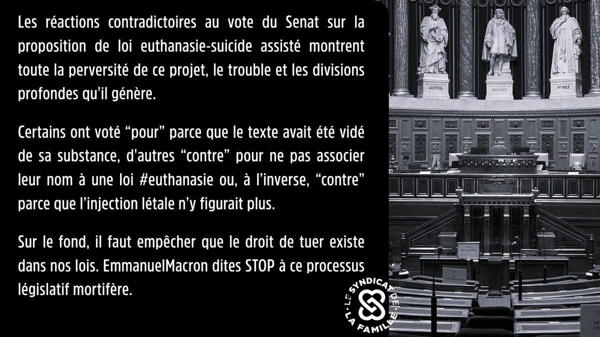 Alors que le texte revient en Commission à l'<a href="/AssembleeNat/">Assemblée nationale</a> mercredi, nous demandons à <a href="/EmmanuelMacron/">Emmanuel Macron</a> de stopper la proposition de loi "Aide à mourir" et d'appliquer la loi Clayes-Leonetti. #STOPEuthanasie