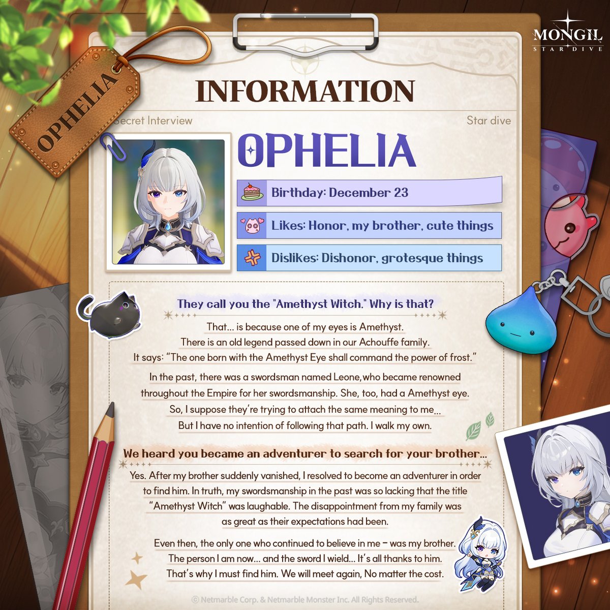 Stardive_EN's tweet photo. #Lenna’s Interview File📝 – Ophelia

Lenna from the Gathering Hub「Python」digs deep into the character profiles! ✍️
From distinct traits to hidden stories not revealed in the main plot!
All the things you were curious about, unveiled in full! 🔓

#CharacterIntroduction #Profile #Interview #MONGILSTARDIVE #STARDIVE #Netmarble #RPG #Game