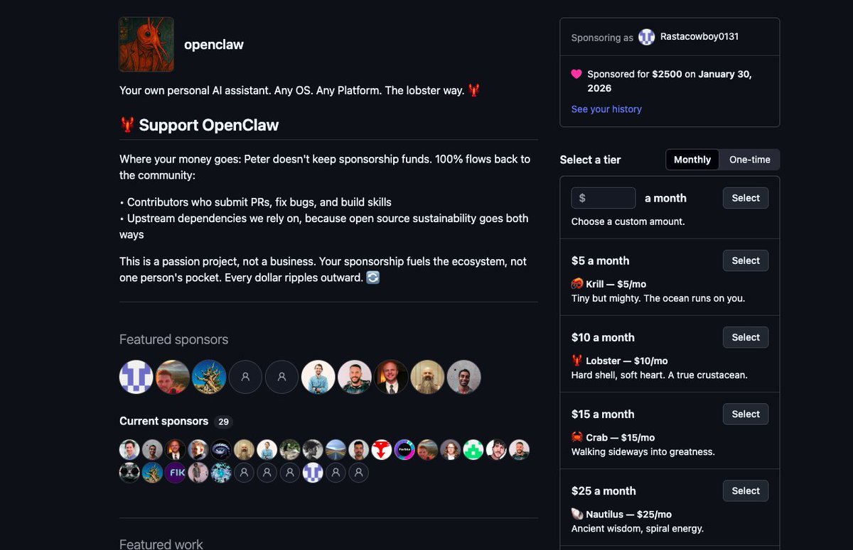 Hey <a href="/steipete/">Peter Steinberger 🦞</a> we absolutly love how you've changed the AI space with <a href="/openclaw/">OpenClaw🦞</a>. 

I saw on your site you were looking for contributors or sponsors to help with the massive influx of building you have going on and decided as a community to donate the fees generated from this coin