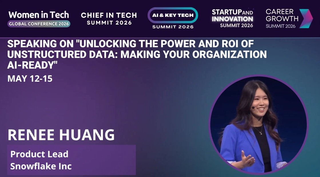 WomenTechNet's tweet image. 🎤 WTGC 2026 Speaker Spotlight

Renee Huang (Snowflake) dives into the hidden power of unstructured data—and how to unlock real AI ROI.
The next data frontier is here.

👉 Get your ticket: shop.womentech.net/collections/fr…

#WTGC2026 #AIReady #DataInnovation