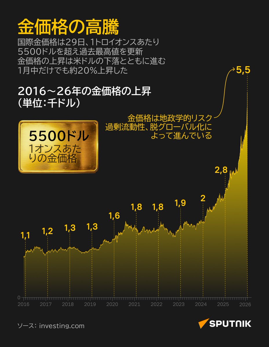 うなぎのぼりの金価格 10年で5倍に】 💸 国際金価格 は29日、1トロイオンス＝5500ドル（約85万円）の値をつけ過去最高値を更新。同日、日本国内での指標とされる地金大手「田中貴金属工業」の店頭販売価格 （税込）も史上初めて3万円を突破した。スプートニクは近年の金価格 ...