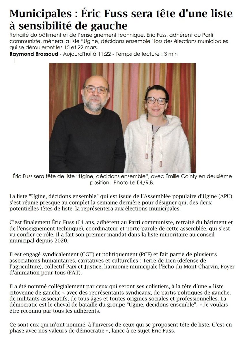 73PCF's tweet image. Il y aura bien une liste de gauche à #Ugine. Elle est portée par notre camarade Eric Fuss #Municipales2026 #Savoie
