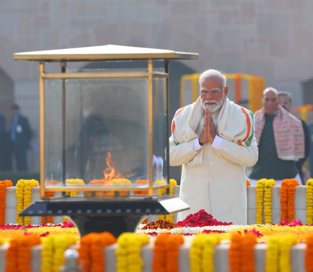 narendramodi's tweet image. Paid tributes to Mahatma Gandhi at Rajghat. His timeless ideals continue to guide our nation’s journey. We reaffirm our commitment to his principles and to building an India rooted in justice, harmony and service to humanity.