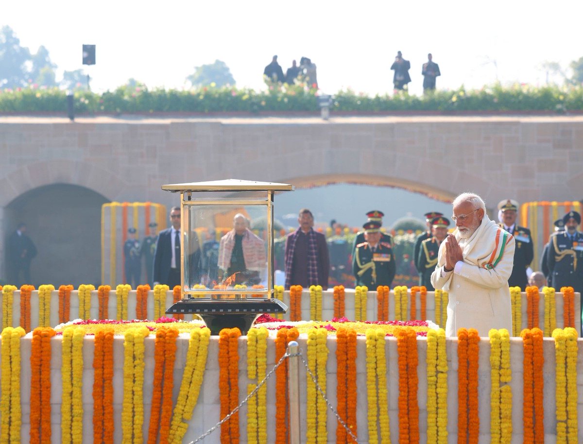 narendramodi's tweet image. Paid tributes to Mahatma Gandhi at Rajghat. His timeless ideals continue to guide our nation’s journey. We reaffirm our commitment to his principles and to building an India rooted in justice, harmony and service to humanity.