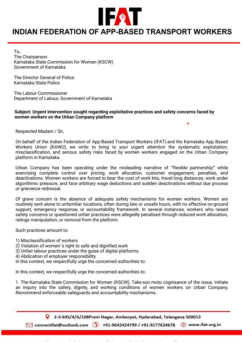 appbasedunion's tweet image. With @Connect_IFAT we submitted a letter to the #Karnataka Commission for Women, Labour Department and Police about the #scam of "flexible partnership" @urbancompany_UC claims while forcing 15-minute service, illegal ID blocking, and no helpline for harassment 

#WomensRights