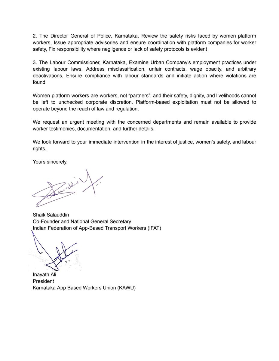 appbasedunion's tweet image. With @Connect_IFAT we submitted a letter to the #Karnataka Commission for Women, Labour Department and Police about the #scam of "flexible partnership" @urbancompany_UC claims while forcing 15-minute service, illegal ID blocking, and no helpline for harassment 

#WomensRights
