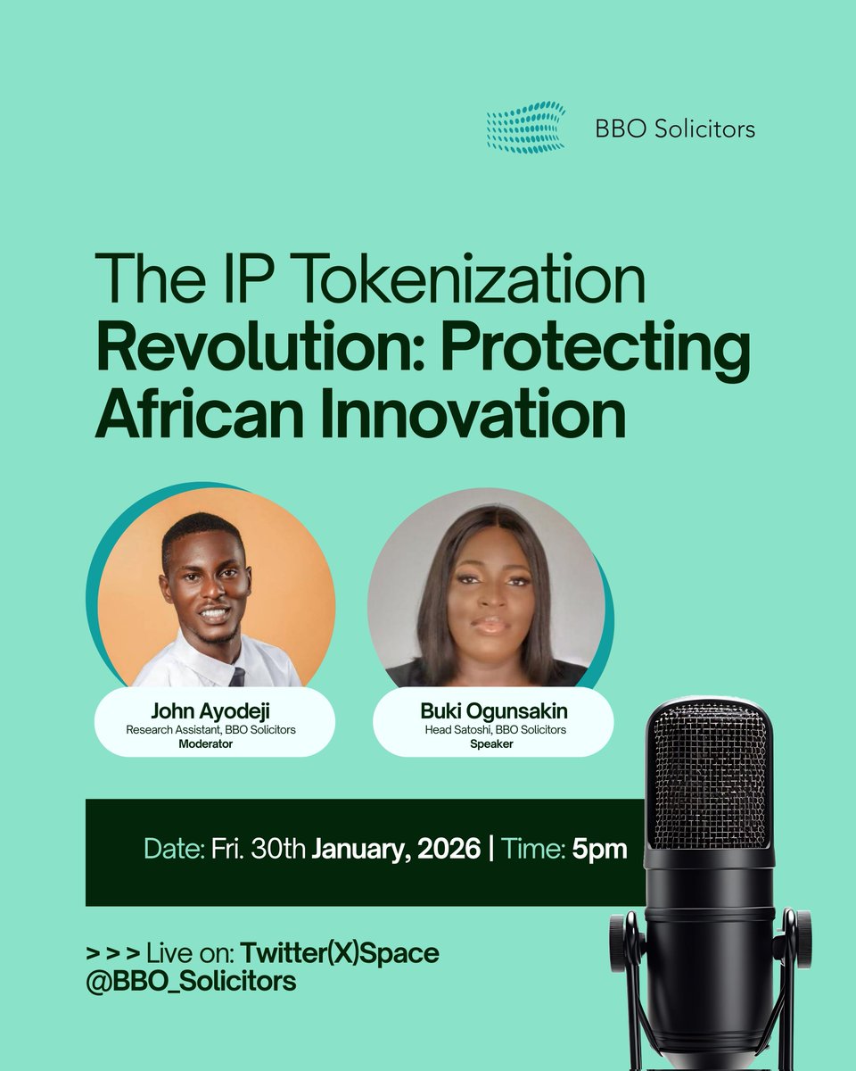 BBO_Solicitors's tweet photo. Can NFTs save Africa's innovation pipeline? 

Discussing patent NFTs, royalty smart contracts &amp; protecting inventors.

Today by 5pm. Be there! https://t.co/t3NAtGN6w4