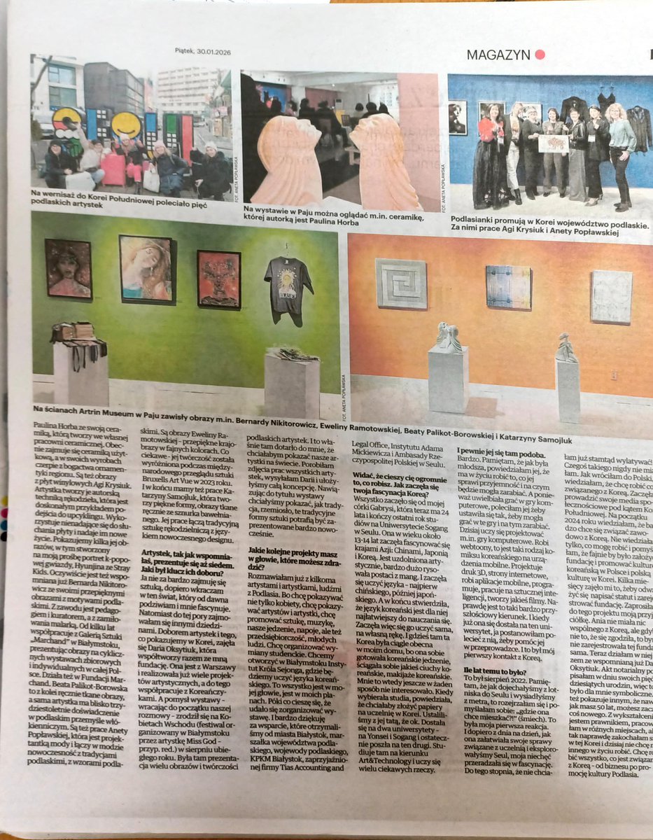 Donoszą mi moi ludzie z Podlasia, że jestem w weekendowym wydaniu Kuriera Porannego :)

Oczywiście, opowiadałam o wystawie podlaskich artystek „Od nici do światła. Kobiece oblicza sztuki na szlaku Podlasie - Korea” organizowanej w Korei przez <a href="/FoSK_Foundation/">Friends of South Korea Foundation🇵🇱🇰🇷</a>