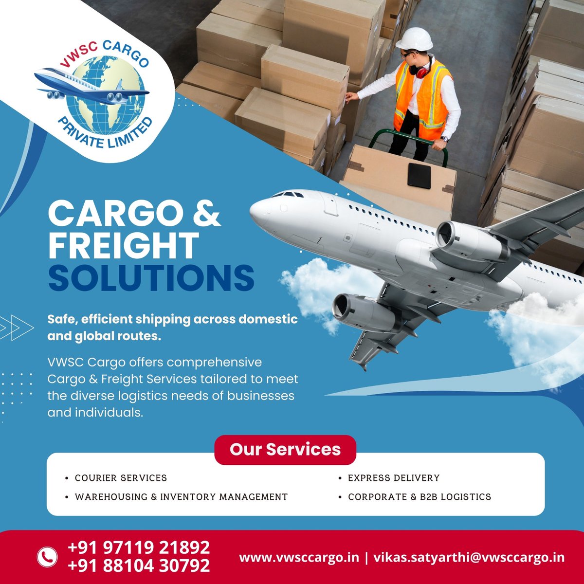 VWSC211454's tweet photo. Moving your cargo with care, speed, and reliability ✈️📦
📞 Contact: +91 97119 21892 | +91 88104 30792
🌐 Visit: https://t.co/lLbNHqwCWH
#VWSCCargo #CargoServices #FreightSolutions #LogisticsServices #GlobalShipping #DomesticShipping #ExpressDelivery #WarehousingSolutions https://t.co/UCmIRkXIxE