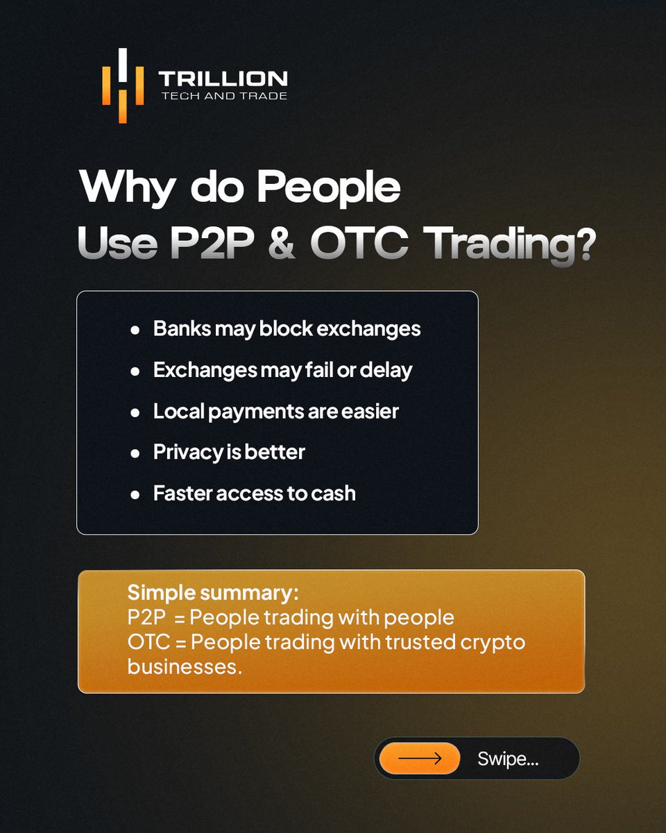TrillionTechT's tweet photo. Stop losing money to scammers! 🛑 

Learn the difference between P2P &amp; OTC and trade crypto safely with Trillion Trade. https://t.co/uBnCxJy2DP