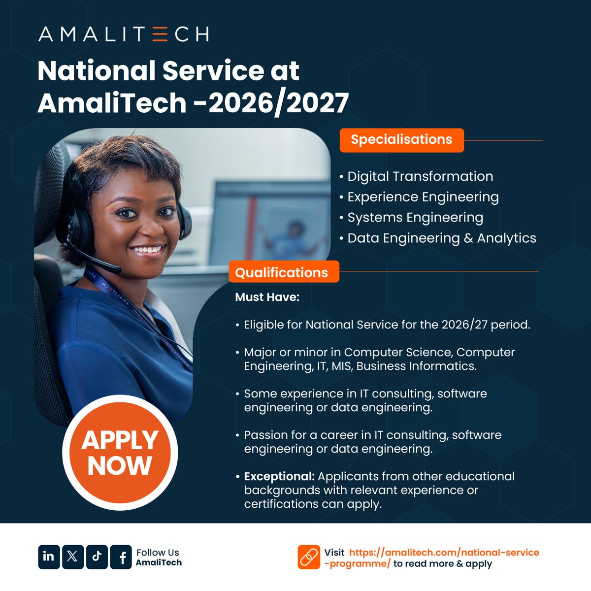 National Service is more than a requirement, it’s a career-defining choice. Applying early helps you plan intentionally, secure the right environment and gain real skills, not just a placement.

At AmaliTech, applications are reviewed on a rolling basis and offers are made early,