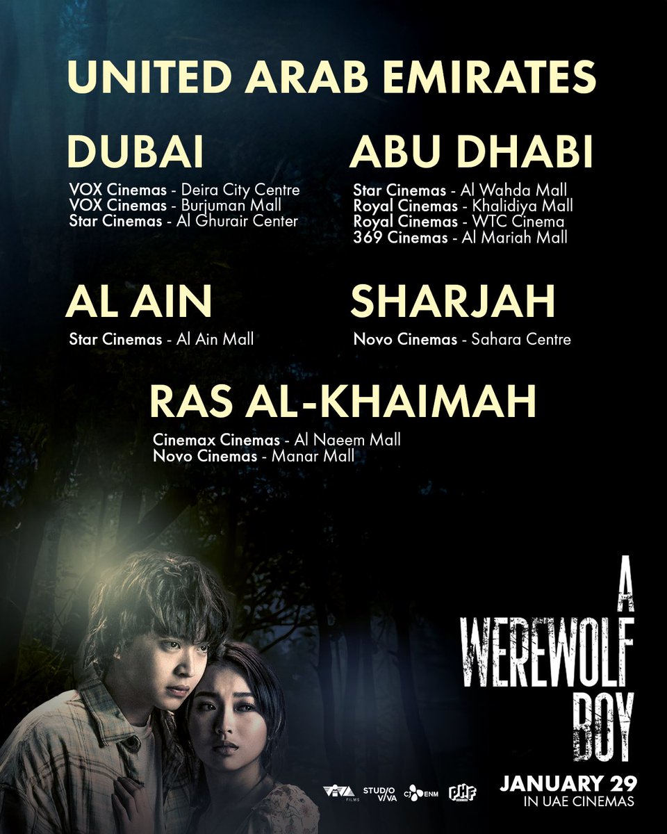 VIVA_MiddleEast's tweet image. The long wait is over, ‘A Werewolf Boy’ is NOW SHOWING in UAE Cinemas!

Starring Rabin Angeles and Angela Muji
Directed by Crisanto B. Aquino

Go get your tickets and watch it today!

#AWerewolfBoyPh 
#RabinAngeles | #AngelaMuji | #RabGel