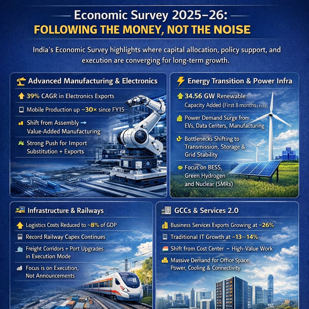 Economic Survey 2025–26: Where India’s Next Big Money Will Be Made 🚀👇
5 SECTORS, 50 CONVICTION STOCKS 🔥

The Economic Survey 2025-26 is the roadmap for the next 3-5 years. These are the vehicles driving the growth 👇

1. Electronics &amp; "Actual" Manufacturing 🧠⌨️
The focus has