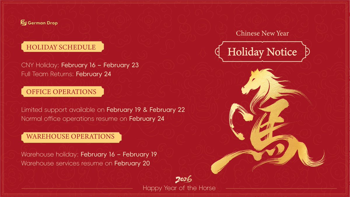 german_drop's tweet photo. 📢#ChineseNewYear #Holiday Announcement
To celebrate the #cny, the #GermanDrop team will be taking a short break to spend this special time.
✨We sincerely appreciate your understanding and support. Wishes you a prosperous, healthy, and #HappyNewYear!#ecommerce #dropshipping https://t.co/KAAZ6y8ymP