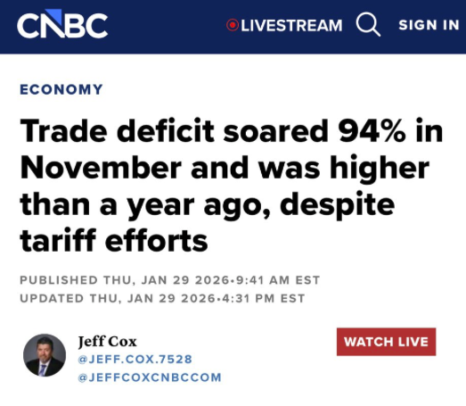 AlexTaylorNews's tweet image. Trump : "My tariffs will reduce the US trade deficit"

The US trade deficit soared 94% in November, 𝒉𝒊𝒈𝒉𝒆𝒓 𝒕𝒉𝒂𝒏 𝒂 𝒚𝒆𝒂𝒓 𝒂𝒈𝒐, widening by the most in nearly 34 years

Seems all those 𝐭𝐚𝐫𝐢𝐟𝐟 𝐭𝐞𝐦𝐩𝐞𝐫 𝐭𝐚𝐧𝐭𝐫𝐮𝐦𝐬 are having the opposite effect 🤡